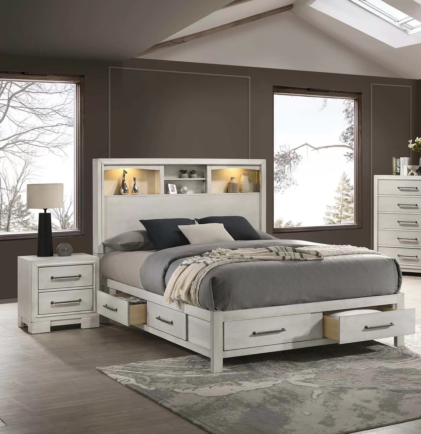 Poundex F9674Q-4PC 4 pc Antique white finish wood LED lighting storage headboard and drawers queen bed set