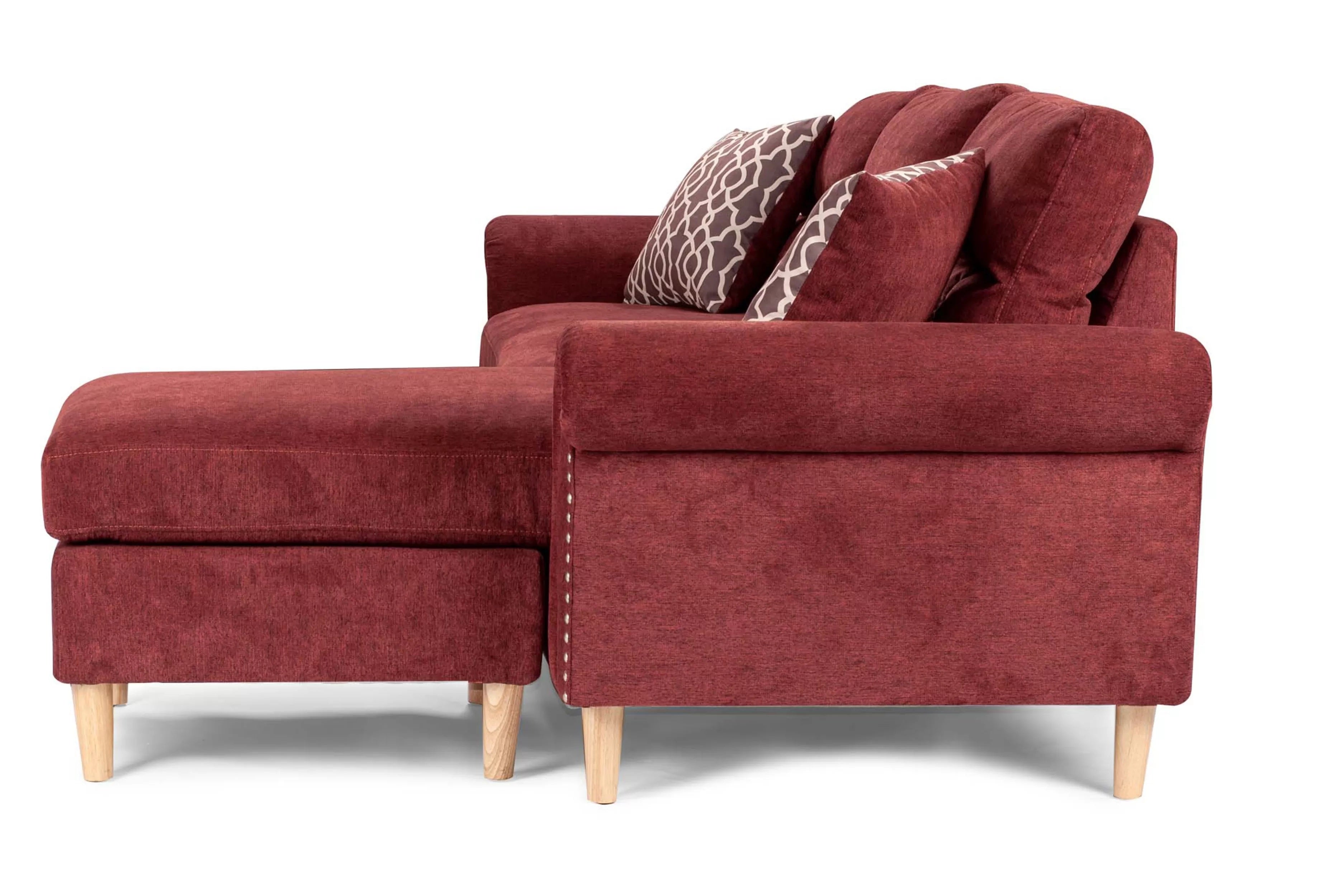 Poundex F6449 2 pc leta paprika red velvet fabric apartment size sectional sofa reversible chaise