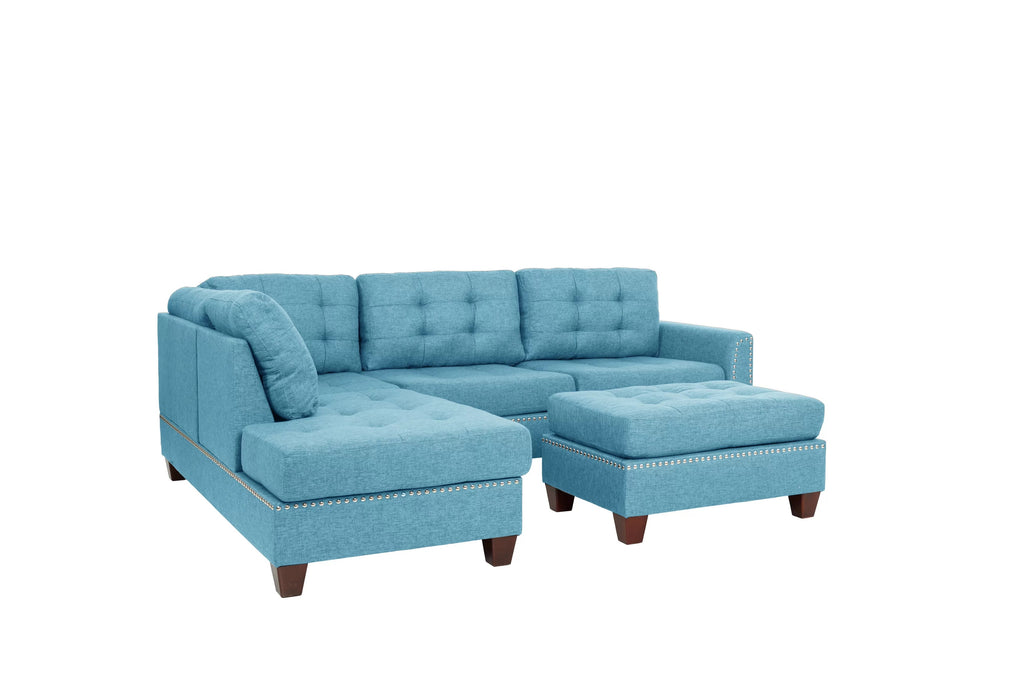 Poundex F6505 3 pc blue poly fiber fabric sectional sofa reversible chaise and ottoman nail head trim