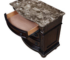 B1600 4 pc Stanley brown cherry finish wood faux leather tufted upholstered headboard sleigh style bedroom set with marble tops