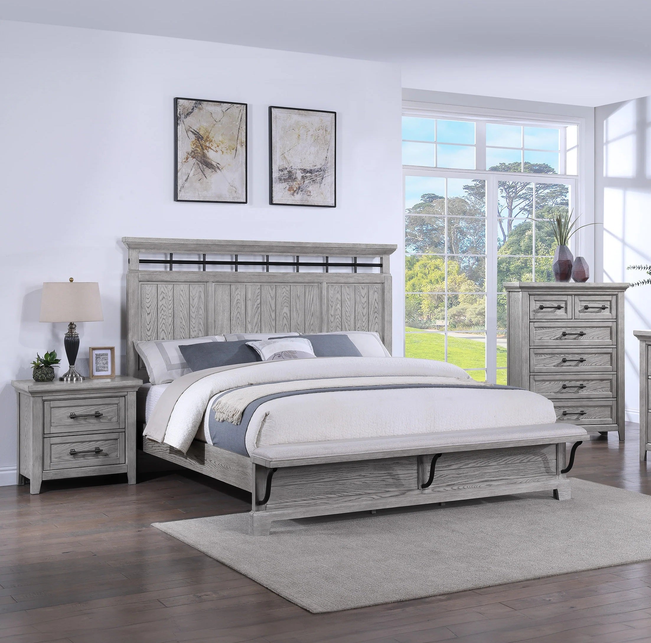 B1900 4 pc Beckett rustic driftwood natural finish wood poster queen bedroom set footboard bench
