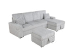 Best Quality SE42-4PC 4 pc Light grey wide corduroy fur fabric sectional sofa with pop up sleep area and chaise with storage ottoman USB plugs