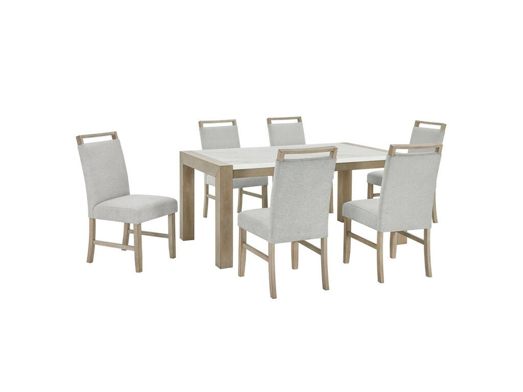 30060-2-7PC 7 pc Tabitha light oak finish wood 66" white faux marble top dining table set