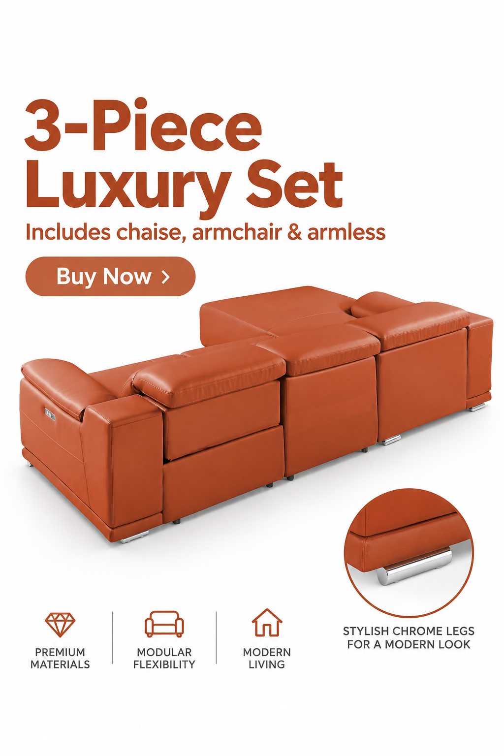 DivanItalia Camel Italian Leather 3-Piece Power Reclining Sectional with Chaise – 9762CM-3PC-CH