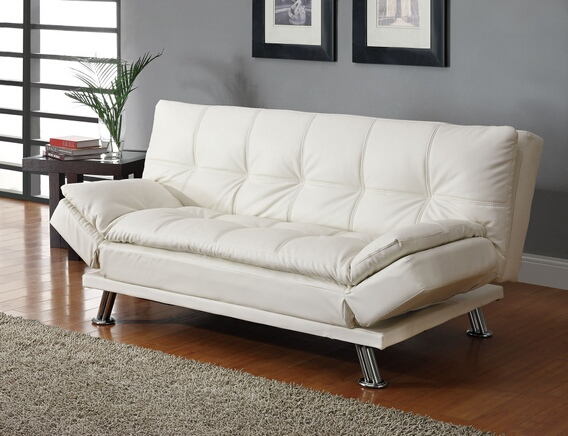 Coaster 300291 White finish leather like vinyl folding futon sofa bed with chrome finish legs