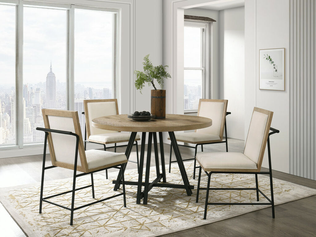30033-5PC 5 pc Charlton home Tate oak finish wood 47" round metal trestle base dining table set