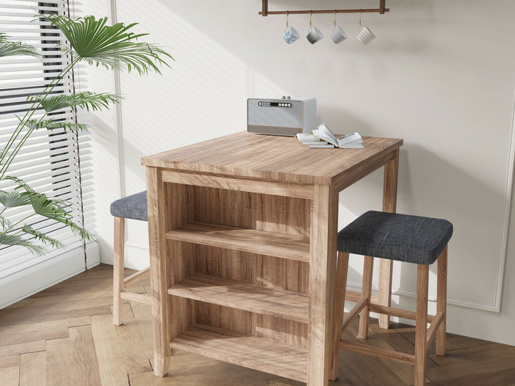 30044-3PC 3pc Dawson oak finish wood small space breakfast counter height table with storage and stools