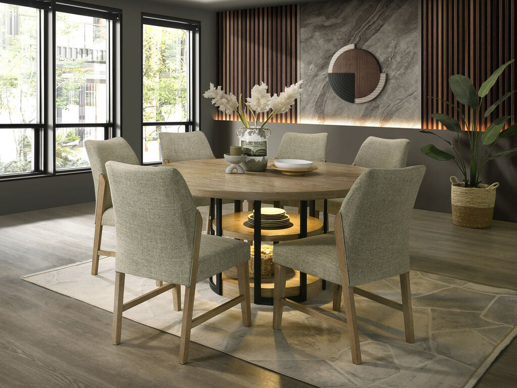 30045-7PC 7 pc Eden rutic oak finish wood 59" round dining table set black metal frame LED lighting