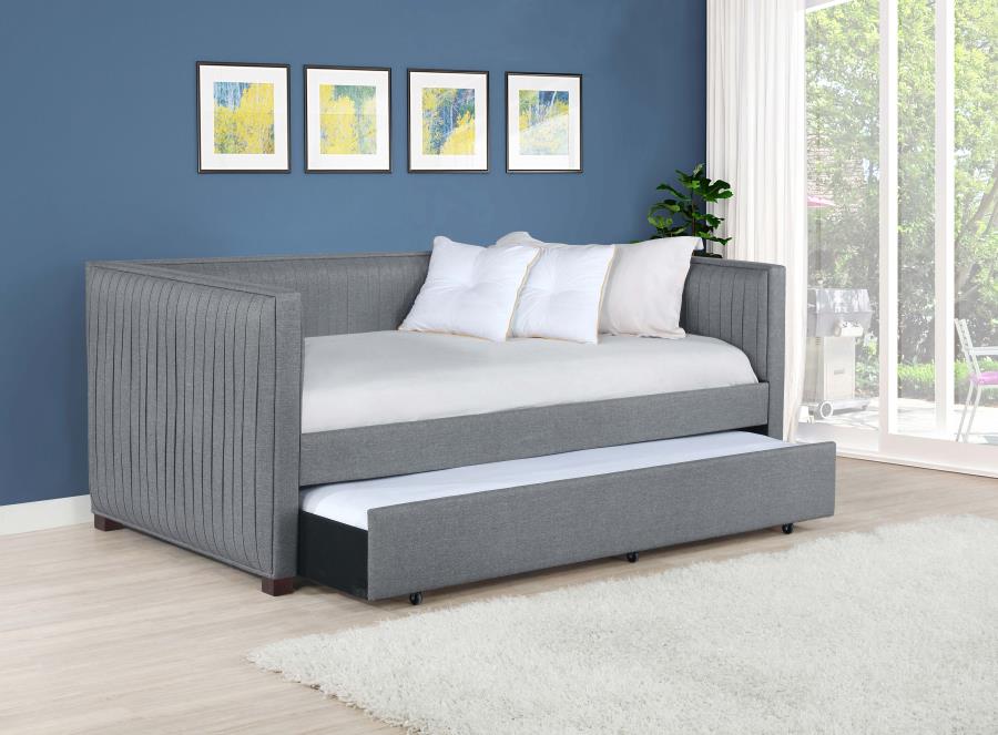 Coaster 300554 Brodie grey fabric pleated design twin size day bed with slide out trundle