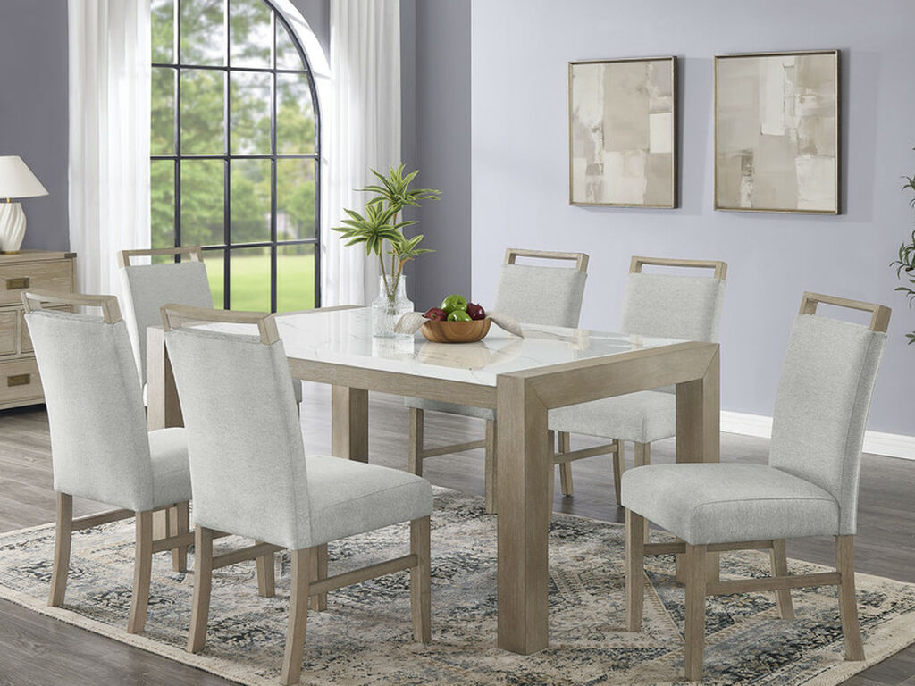 30060-2-7PC 7 pc Tabitha light oak finish wood 66" white faux marble top dining table set