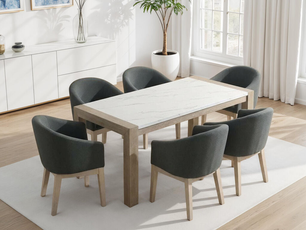 30060-4-7PC Tabitha 7-Piece Light Oak Wood Dining Table Set with White Faux Marble Top & 6 Padded Chairs