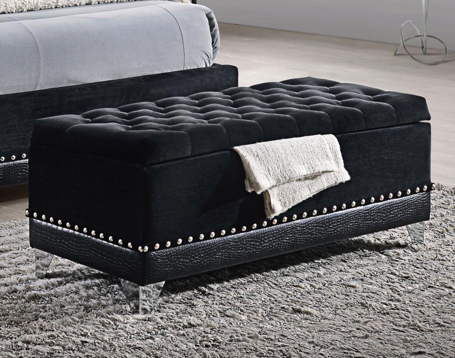 Coaster 300644 Barzini black velvet tufted storage bedroom bench with nail head trim