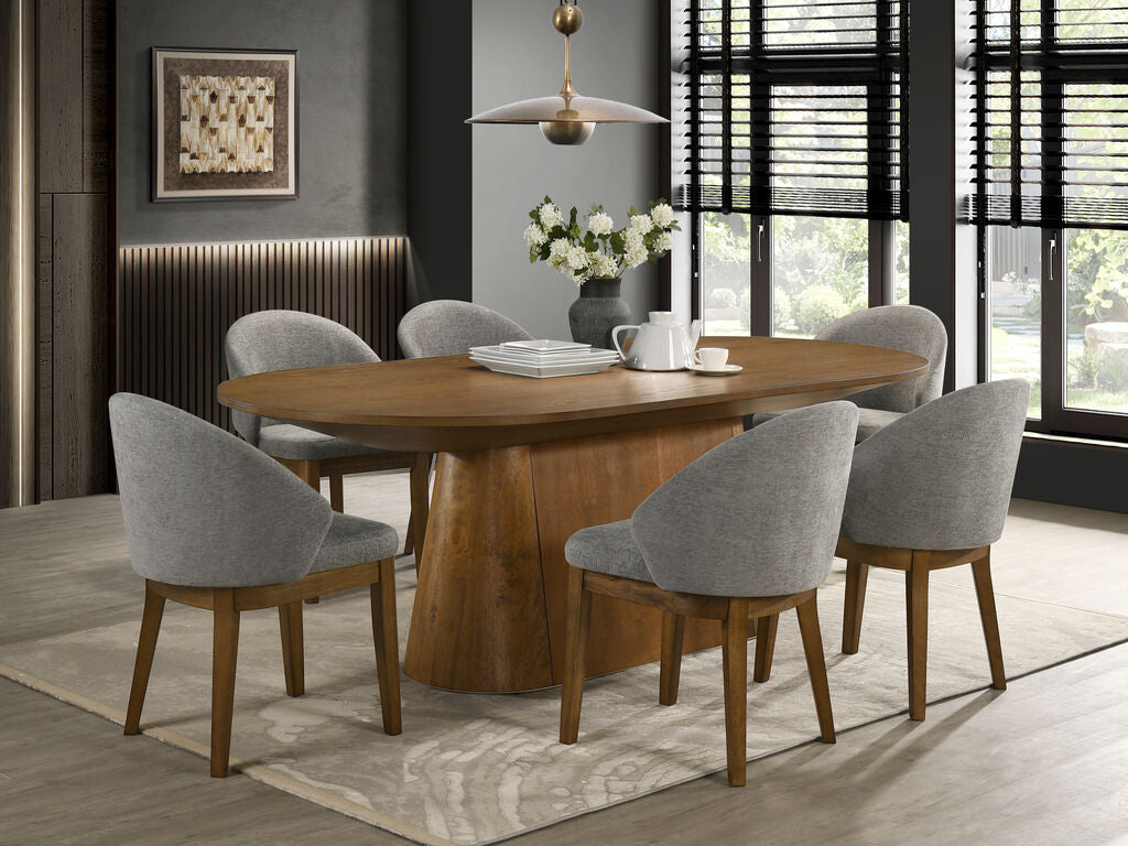 30071-2-7PC Andrew 7-Piece Oval Dining Set with 88" Walnut Finish Table & 6 Light Gray Fabric Chairs