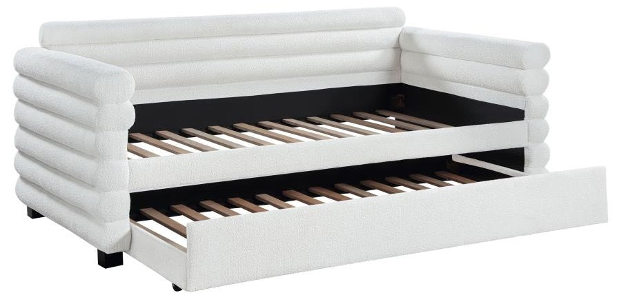 Coaster 300716 Patricia white boucle fabric channel tufted twin size day bed with slide out trundle