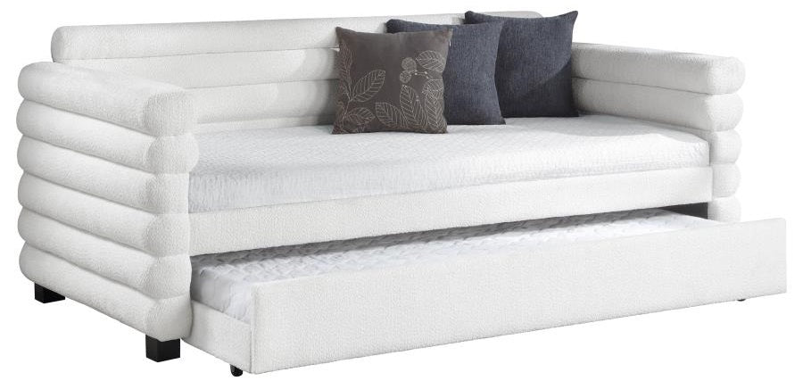 Coaster 300716 Patricia white boucle fabric channel tufted twin size day bed with slide out trundle