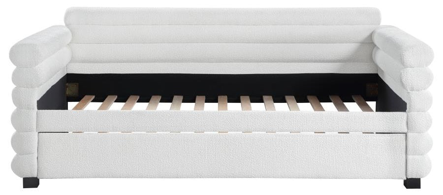 Coaster 300716 Patricia white boucle fabric channel tufted twin size day bed with slide out trundle