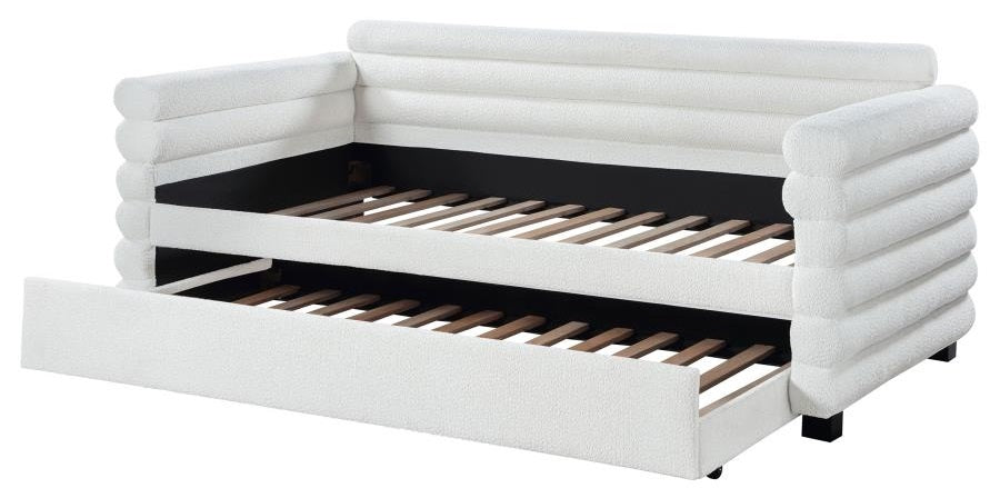 Coaster 300716 Patricia white boucle fabric channel tufted twin size day bed with slide out trundle