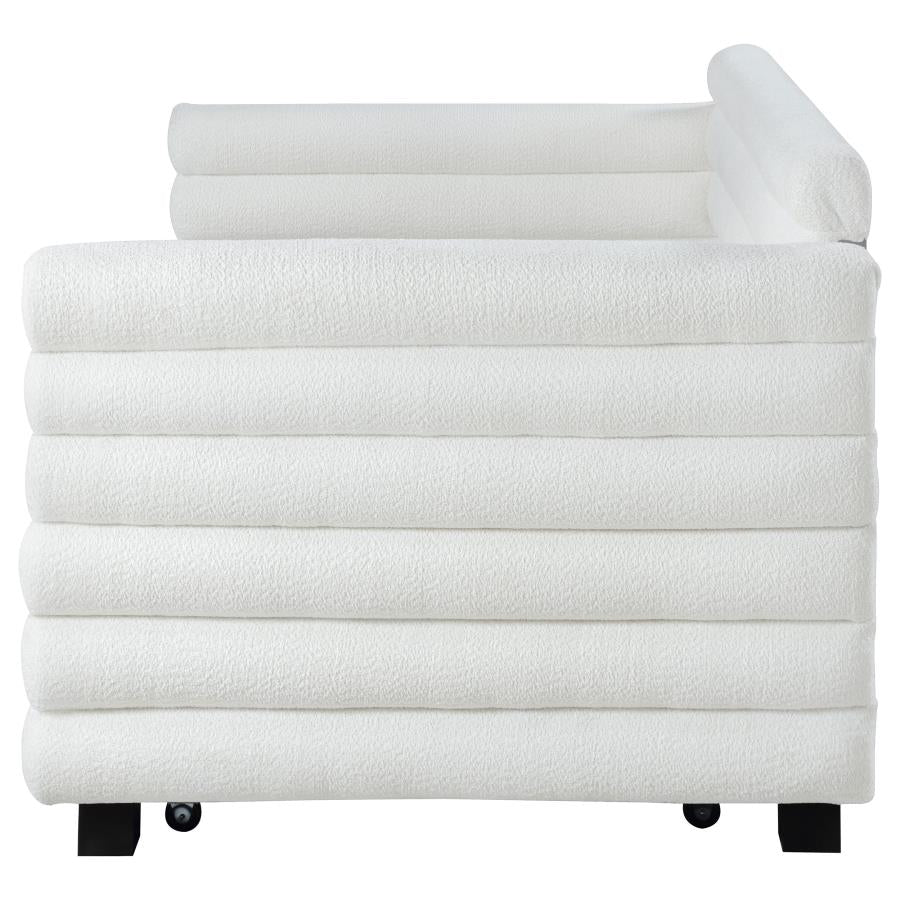 Coaster 300716 Patricia white boucle fabric channel tufted twin size day bed with slide out trundle