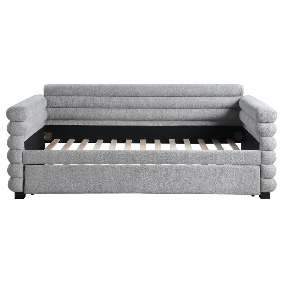 Coaster 300718 Patricia grey boucle fabric channel tufted twin size day bed with slide out trundle