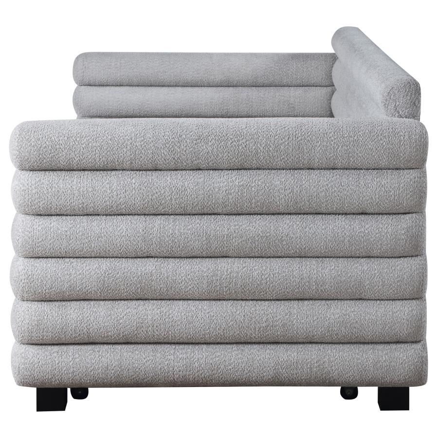 Coaster 300718 Patricia grey boucle fabric channel tufted twin size day bed with slide out trundle