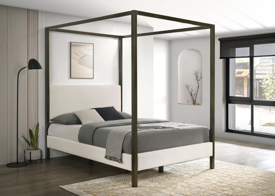 Coaster 300834Q Monroe bronze metal finish canopy frame and vanilla fabric padded queen canopy bed