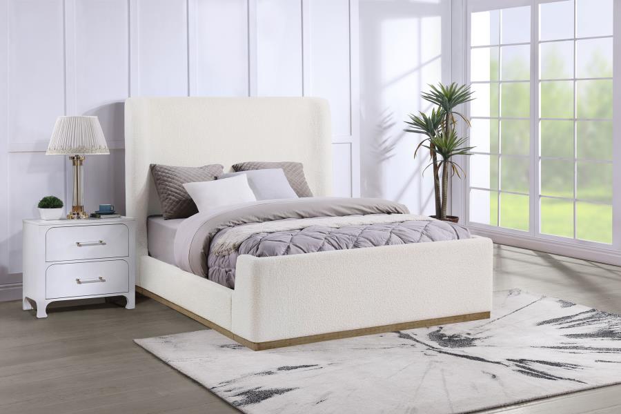 Coaster 302046Q Nala cream boucle fabric wing back design natural oak accents queen size bed set