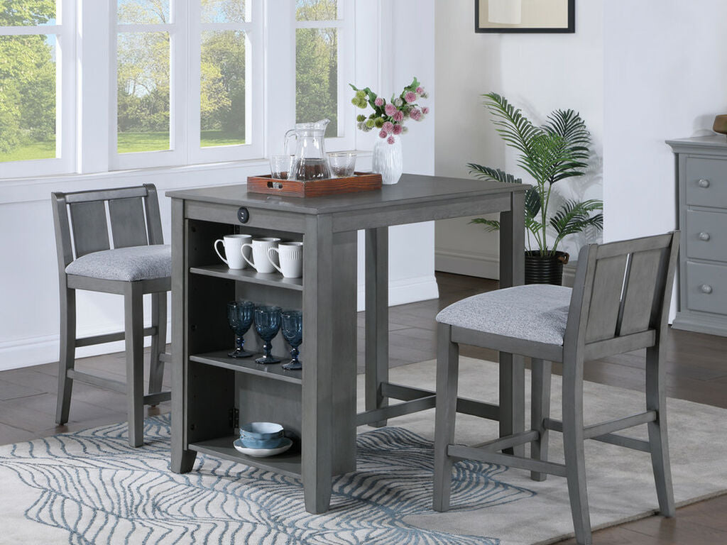 30541-3PC 3pc Graham grey finish wood small space breakfast counter height table with storage and chairs