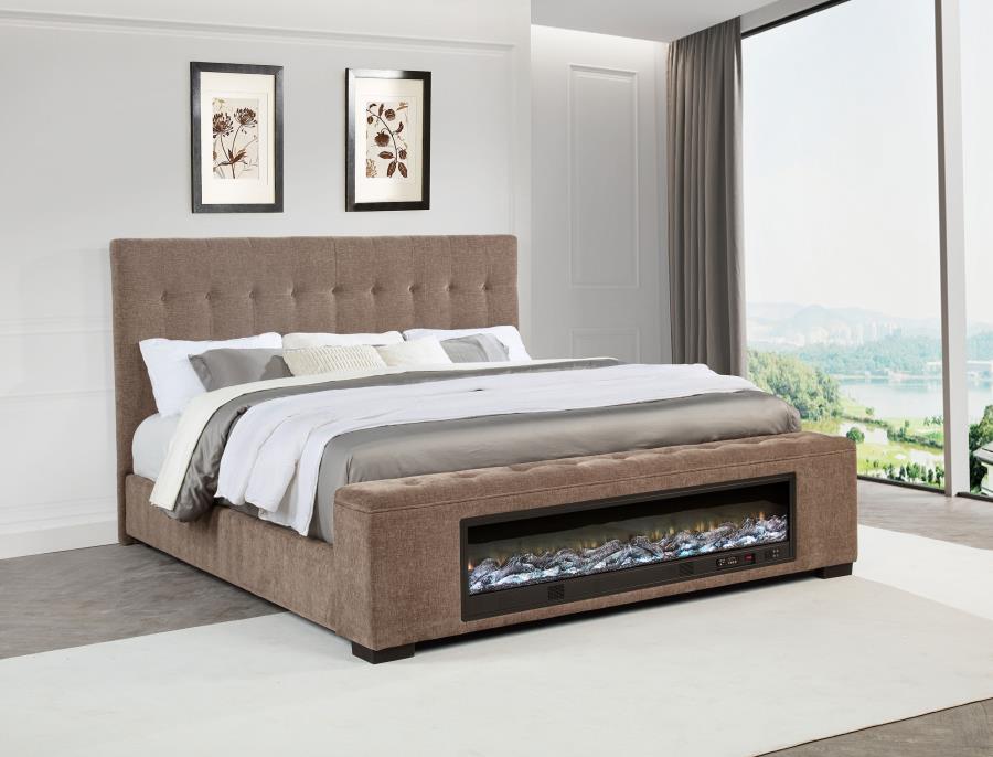 Coaster 305811Q Senna warm brown fabric queen bed set built in LED fireplace footboard with Bluetooth speaker