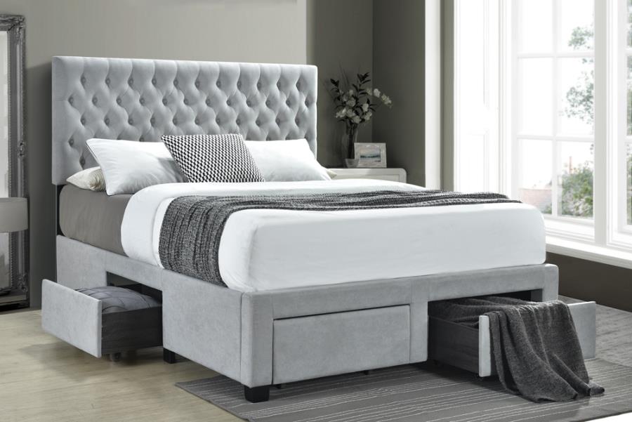 Coaster 305878Q House of hampton soledad light grey fabric tufted headboard storage queen bed set
