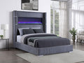 Coaster 306030Q Tisdal plush grey corduroy fabric queen bed set built in LED fireplace box and USB plugs