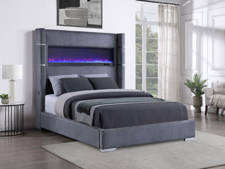 Coaster 306030Q Tisdal plush grey corduroy fabric queen bed set built in LED fireplace box and USB plugs