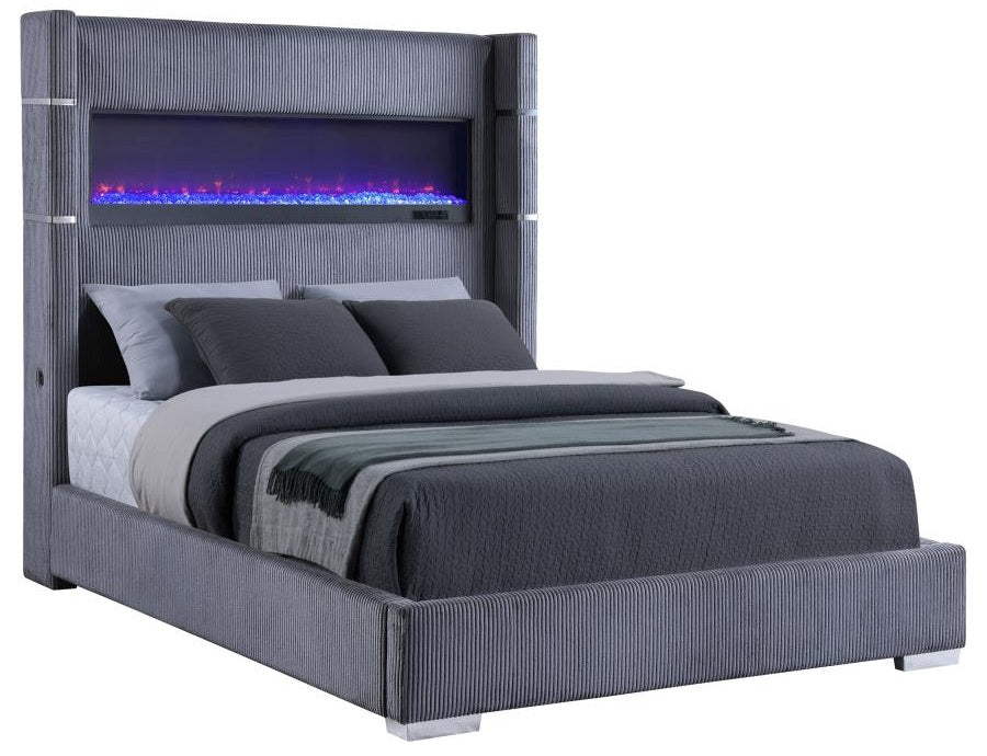Coaster 306030Q Tisdal plush grey corduroy fabric queen bed set built in LED fireplace box and USB plugs