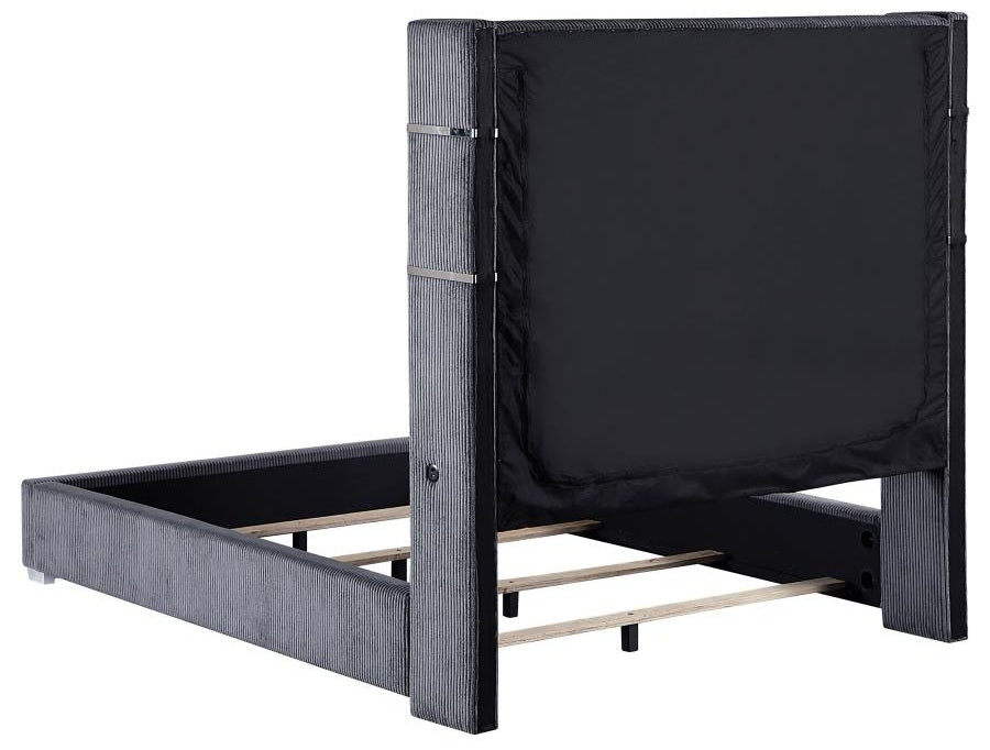 Coaster 306030Q Tisdal plush grey corduroy fabric queen bed set built in LED fireplace box and USB plugs