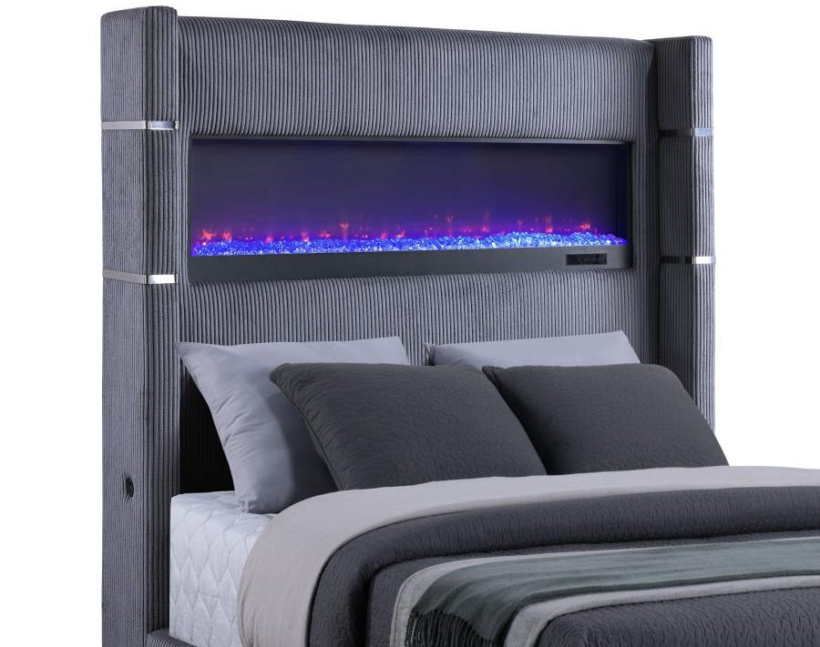 Coaster 306030Q Tisdal plush grey corduroy fabric queen bed set built in LED fireplace box and USB plugs