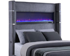 Coaster 306030Q Tisdal plush grey corduroy fabric queen bed set built in LED fireplace box and USB plugs