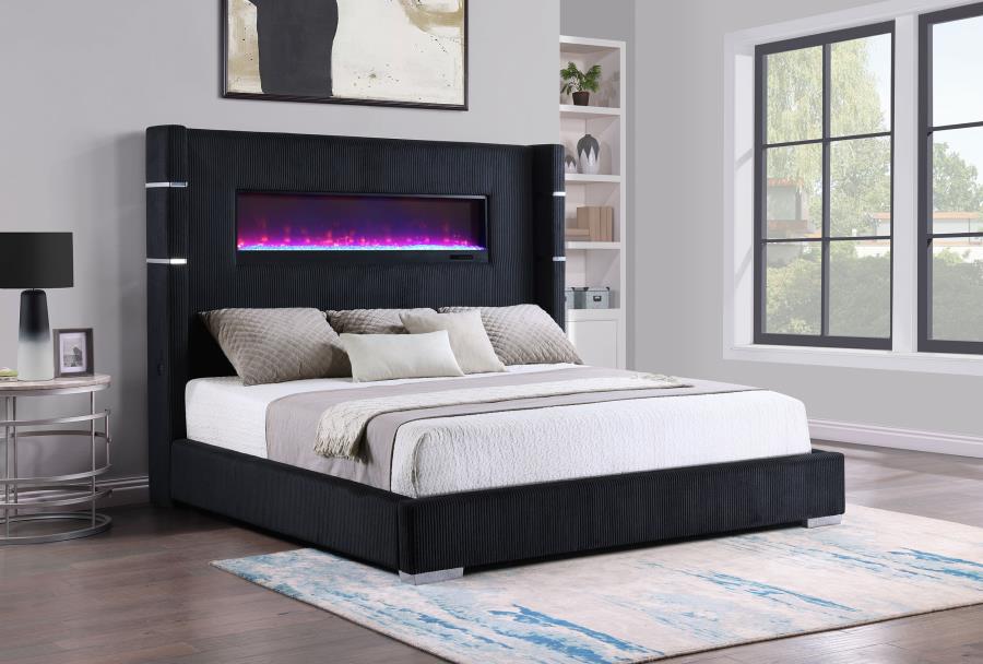 Coaster 306031Q Tisdal plush black corduroy fabric queen bed set built in LED fireplace box and USB plugs