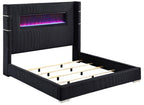 Coaster 306031Q Tisdal plush black corduroy fabric queen bed set built in LED fireplace box and USB plugs