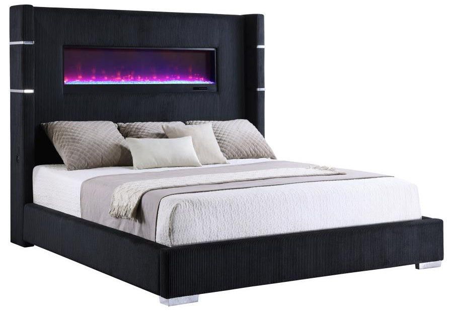 Coaster 306031Q Tisdal plush black corduroy fabric queen bed set built in LED fireplace box and USB plugs