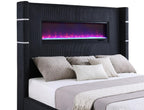 Coaster 306031Q Tisdal plush black corduroy fabric queen bed set built in LED fireplace box and USB plugs