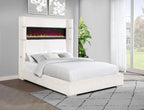 Coaster 306032Q Tisdal plush white corduroy fabric queen bed set built in LED fireplace box and USB plugs