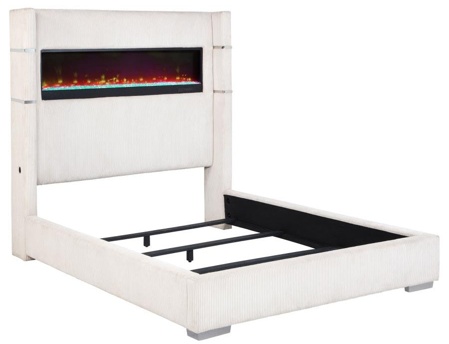 Coaster 306032Q Tisdal plush white corduroy fabric queen bed set built in LED fireplace box and USB plugs