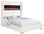 Coaster 306032Q Tisdal plush white corduroy fabric queen bed set built in LED fireplace box and USB plugs