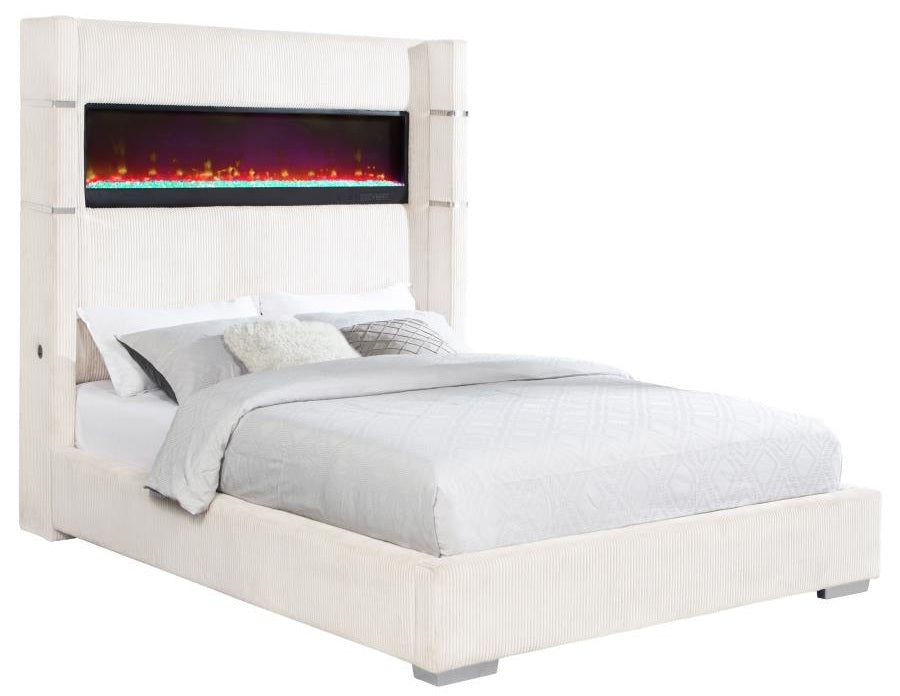 Coaster 306032Q Tisdal plush white corduroy fabric queen bed set built in LED fireplace box and USB plugs