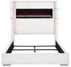 Coaster 306032Q Tisdal plush white corduroy fabric queen bed set built in LED fireplace box and USB plugs