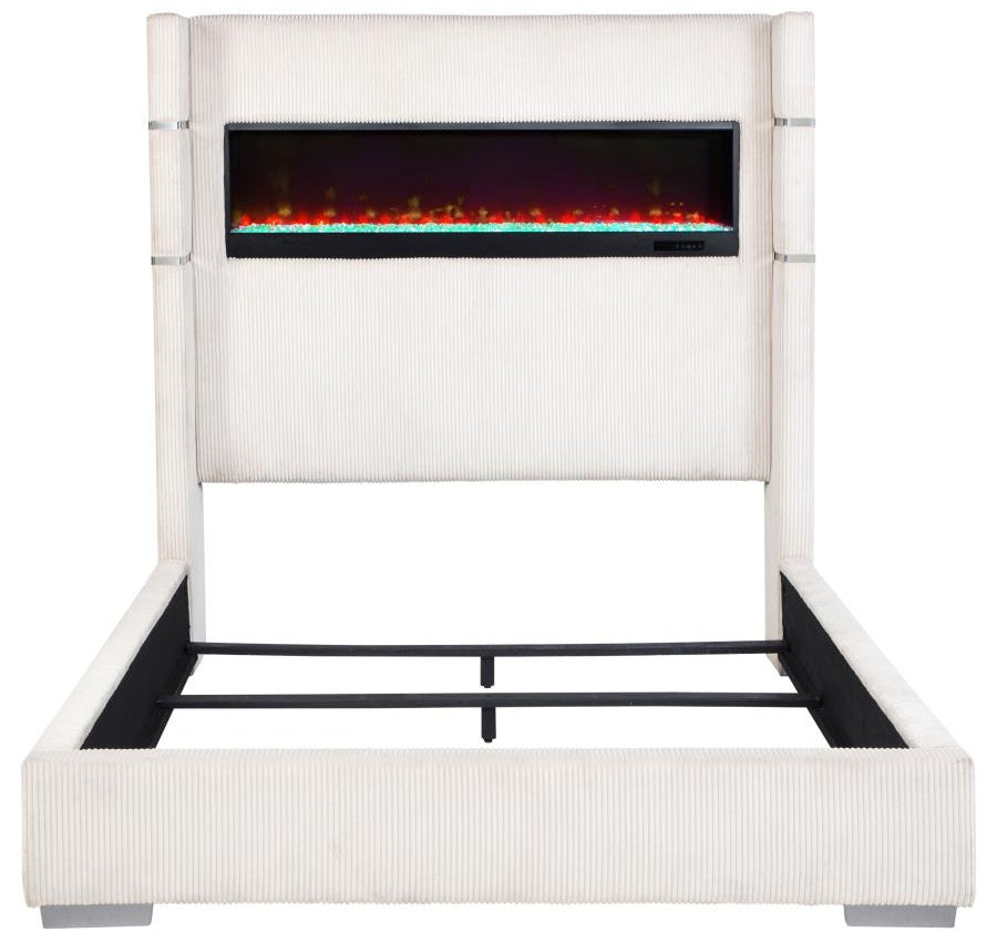 Coaster 306032Q Tisdal plush white corduroy fabric queen bed set built in LED fireplace box and USB plugs