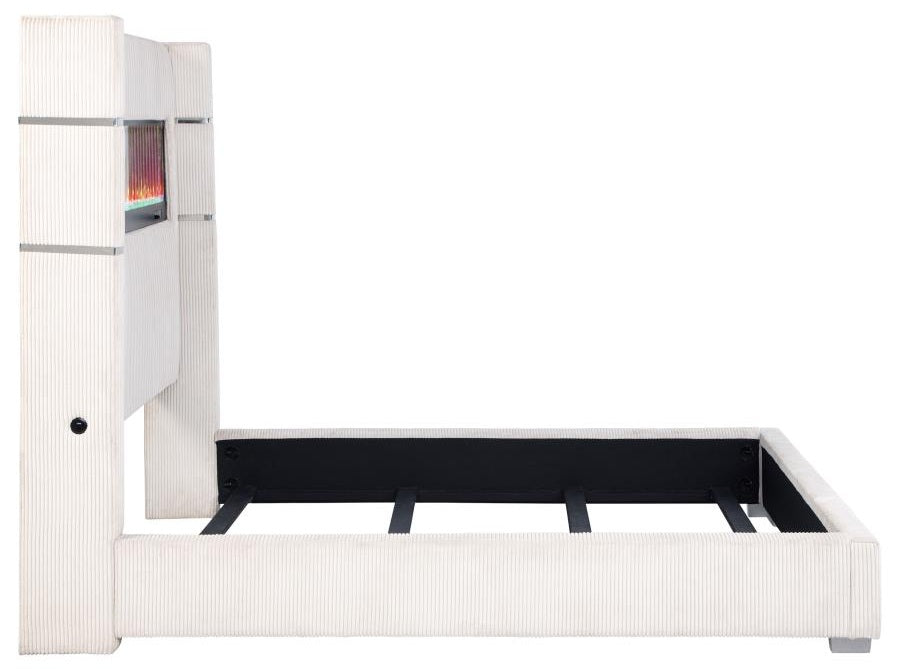 Coaster 306032Q Tisdal plush white corduroy fabric queen bed set built in LED fireplace box and USB plugs