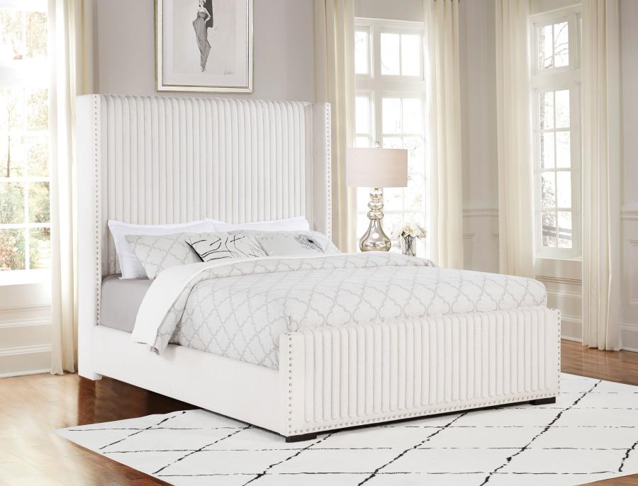Coaster 306051Q Natasha cream wide corduroy fabric queen bed set high headboard nail head trim