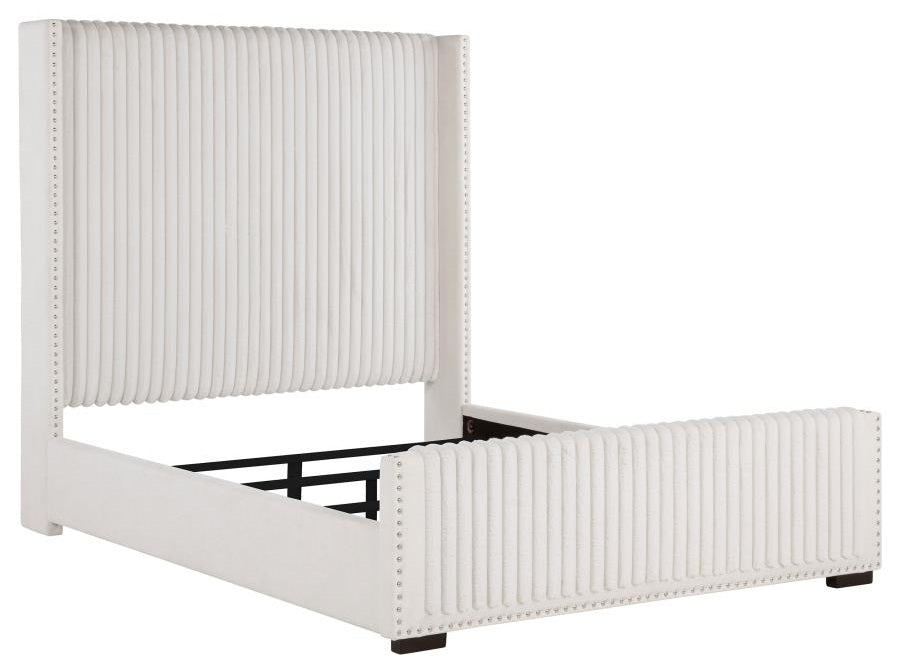 Coaster 306051Q Natasha cream wide corduroy fabric queen bed set high headboard nail head trim