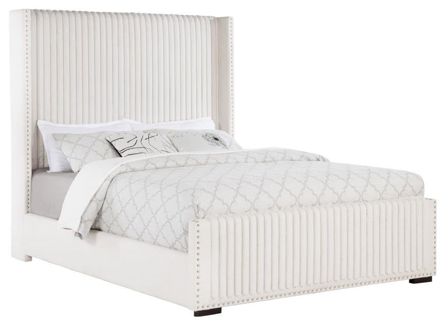 Coaster 306051Q Natasha cream wide corduroy fabric queen bed set high headboard nail head trim