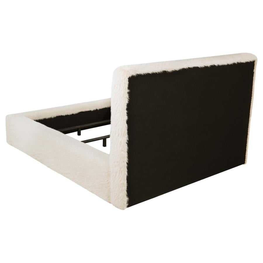 Coaster 306141Q Rebecca cream faux fur fabric upholstered padded headboard queen bed